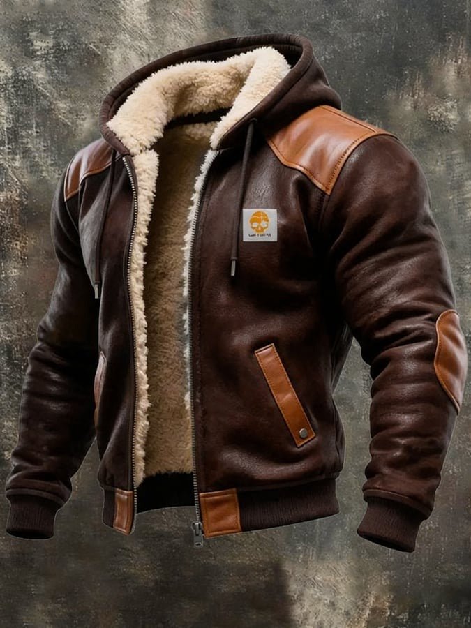 Caden | Chaqueta de fleece con capucha, forro sherpa y detalles de cuero