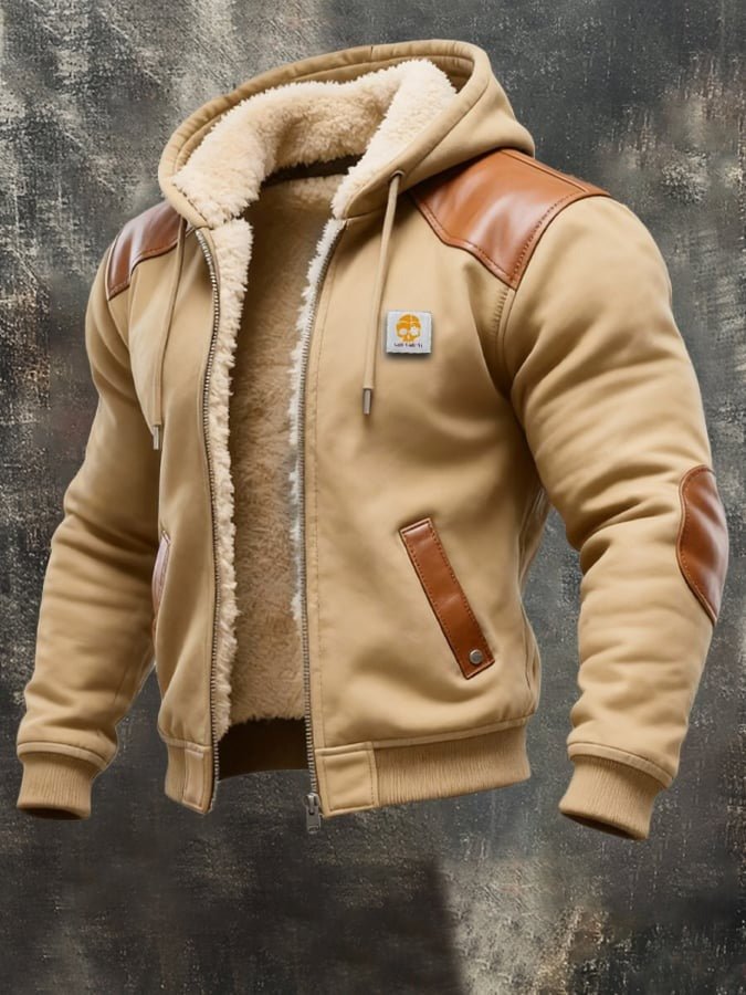 Caden | Chaqueta de fleece con capucha, forro sherpa y detalles de cuero