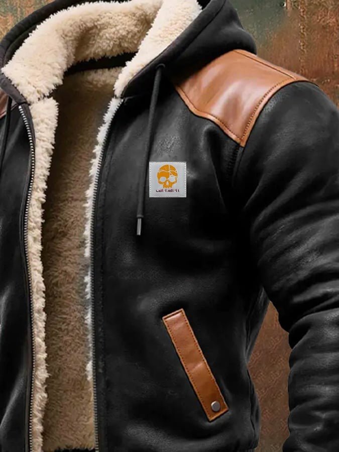 Caden | Chaqueta de fleece con capucha, forro sherpa y detalles de cuero