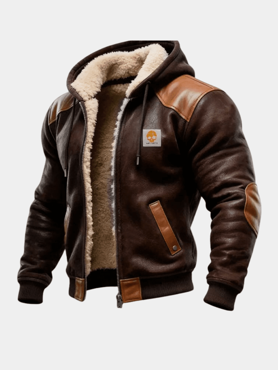 Caden | Chaqueta de fleece con capucha, forro sherpa y detalles de cuero