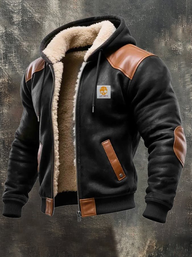 Caden | Chaqueta de fleece con capucha, forro sherpa y detalles de cuero