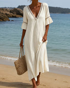 Nehuda - Vestido Largo con Escote en V y Mangas con Volantes