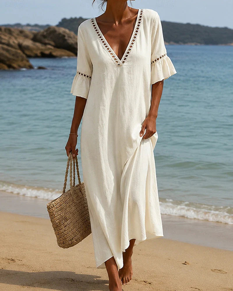 Nehuda - Vestido Largo con Escote en V y Mangas con Volantes