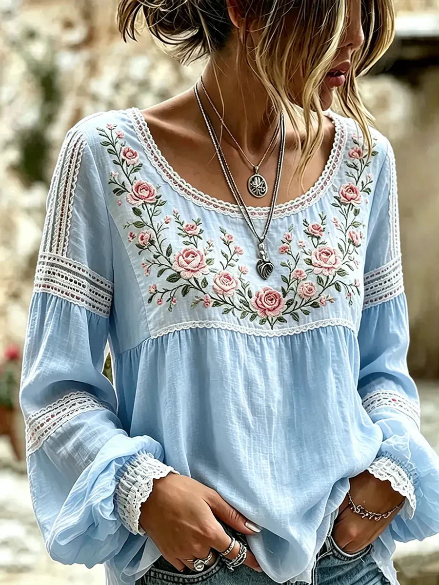 Isra - Blusa Estilo Bohemio Bordada Con Flores