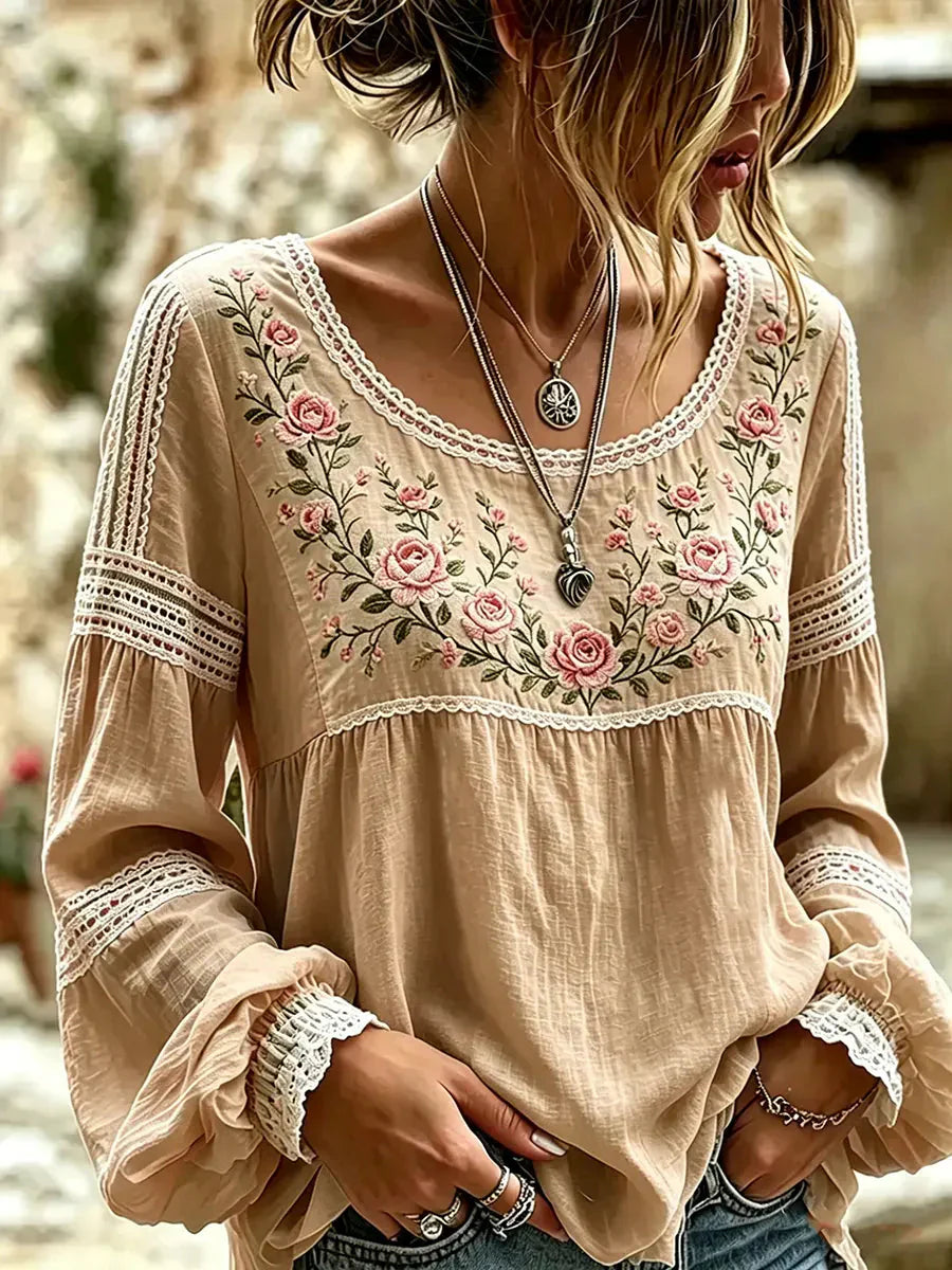 Isra - Blusa Estilo Bohemio Bordada Con Flores