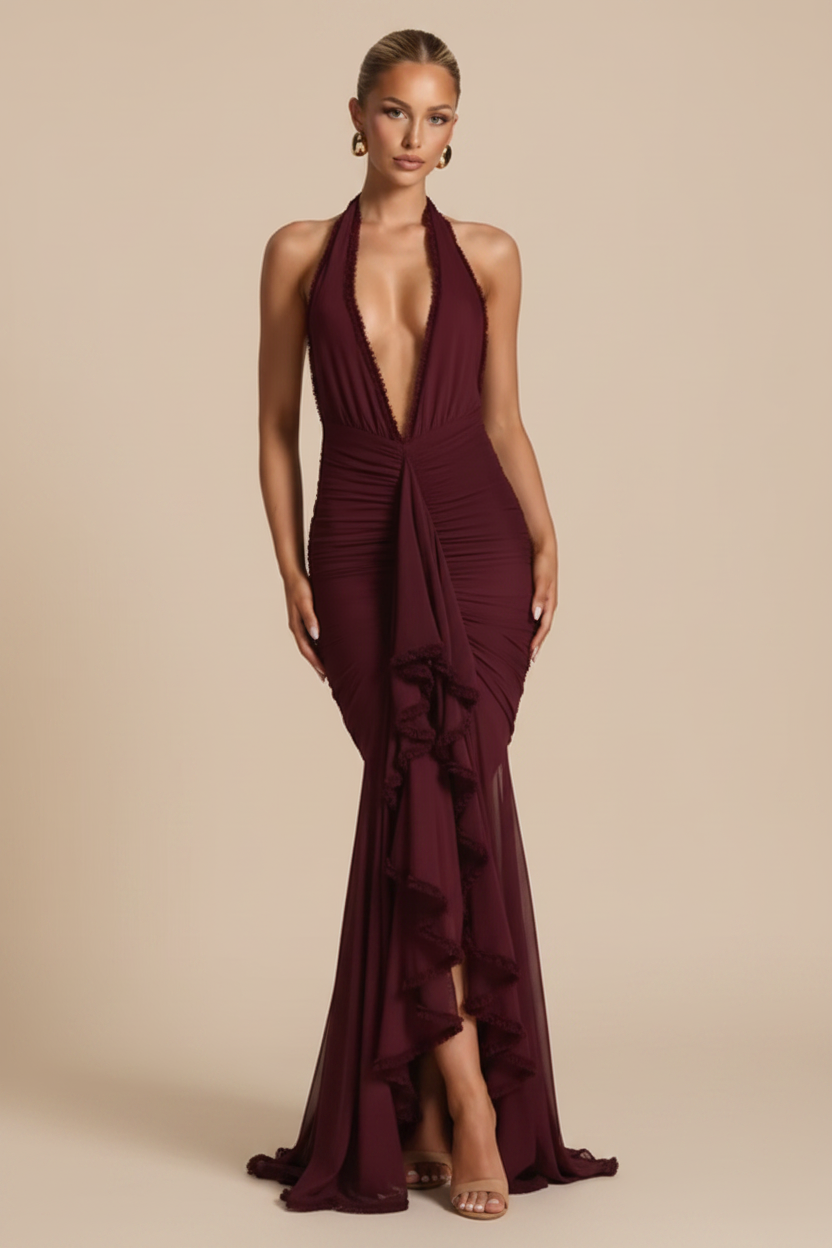 Serrano Madrid | Vestido Maxi Escote Profundo con Abertura Fluida Burdeos
