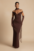 Serrano Madrid | Vestido Maxi Off Shoulder Efecto Silueta Chocolate