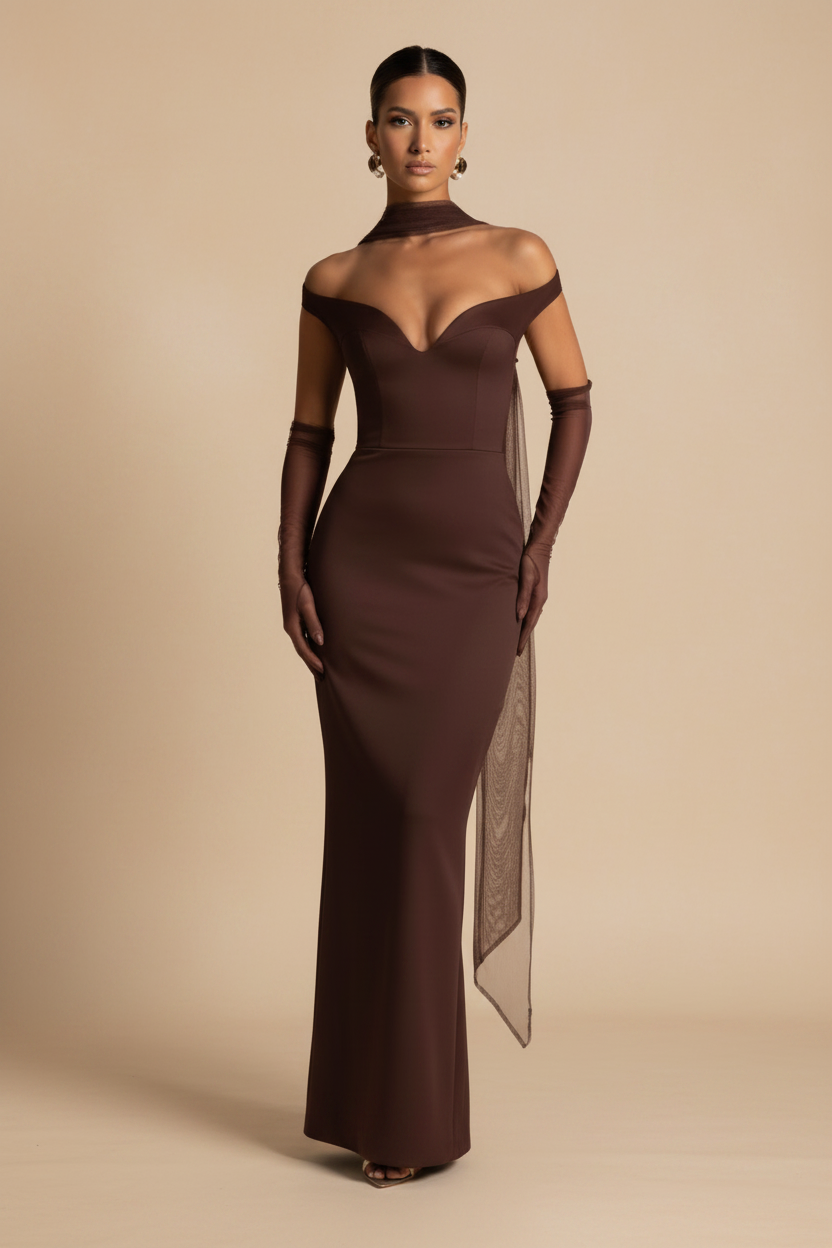 Serrano Madrid | Vestido Maxi Off Shoulder Efecto Silueta Chocolate