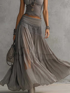 Conjunto Top Transparente de Encaje Gris con Panel y Falda Maxi Plisada
