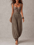 Conjunto Bandeau de Encaje Gris y Pantalón Harem de Algodón Plisado
