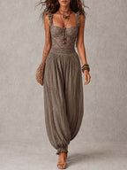 Conjunto Bandeau de Encaje Gris y Pantalón Harem de Algodón Plisado