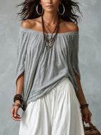 Conjunto Top Gris Off-Shoulder y Pantalón Farol Blanco Holgado