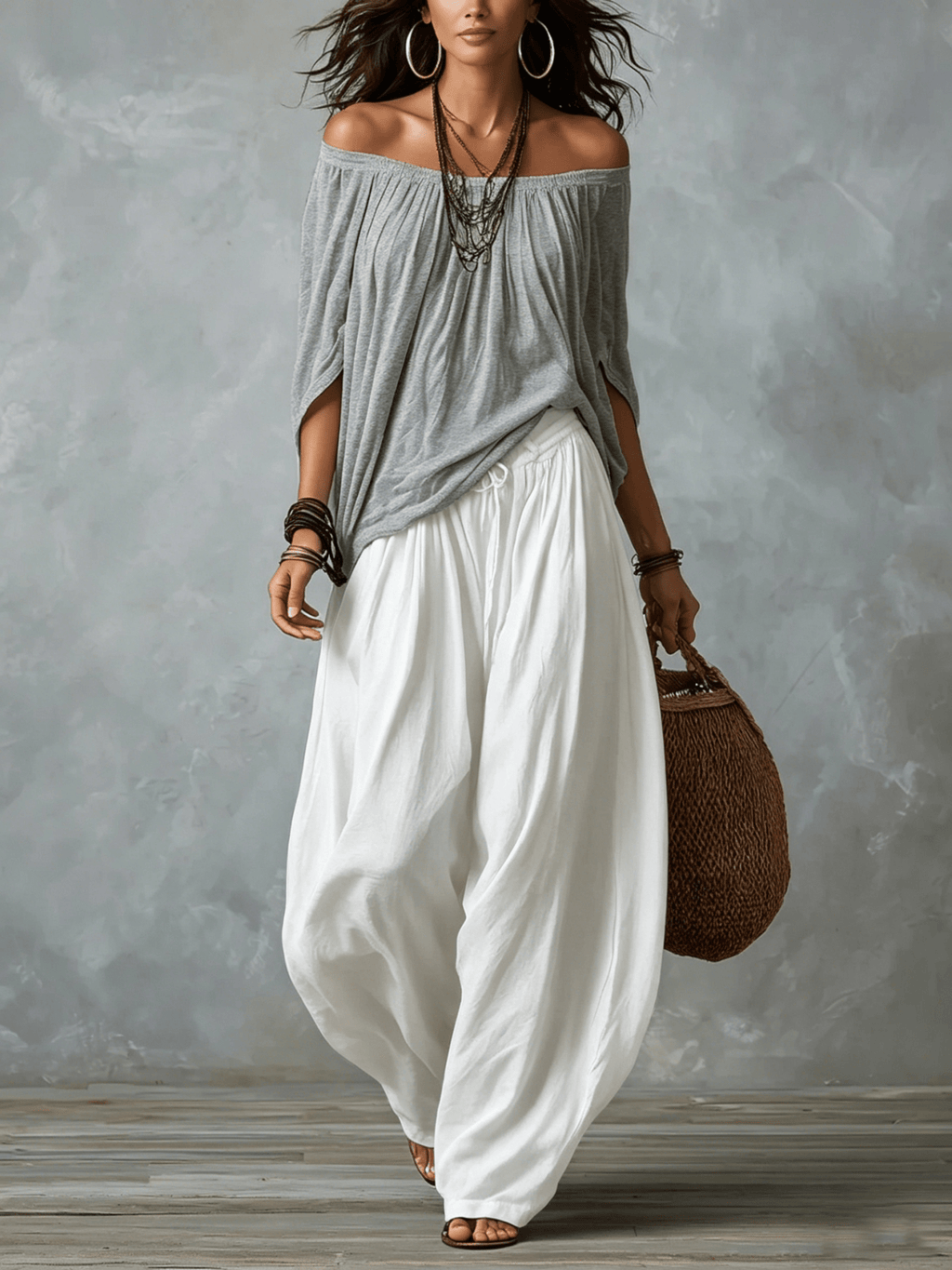 Conjunto Top Gris Off-Shoulder y Pantalón Farol Blanco Holgado