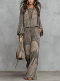 Conjunto Top con Mangas Farol y Estampado Paisley Gris y Pantalón Ancho