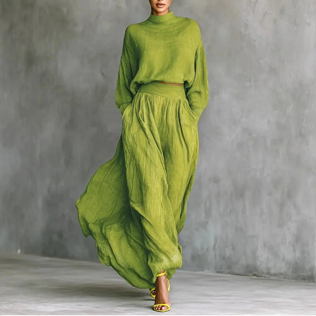 Conjunto Blusa Cuello Alto Verde Amarillento y Falda Ancha de Talle Alto