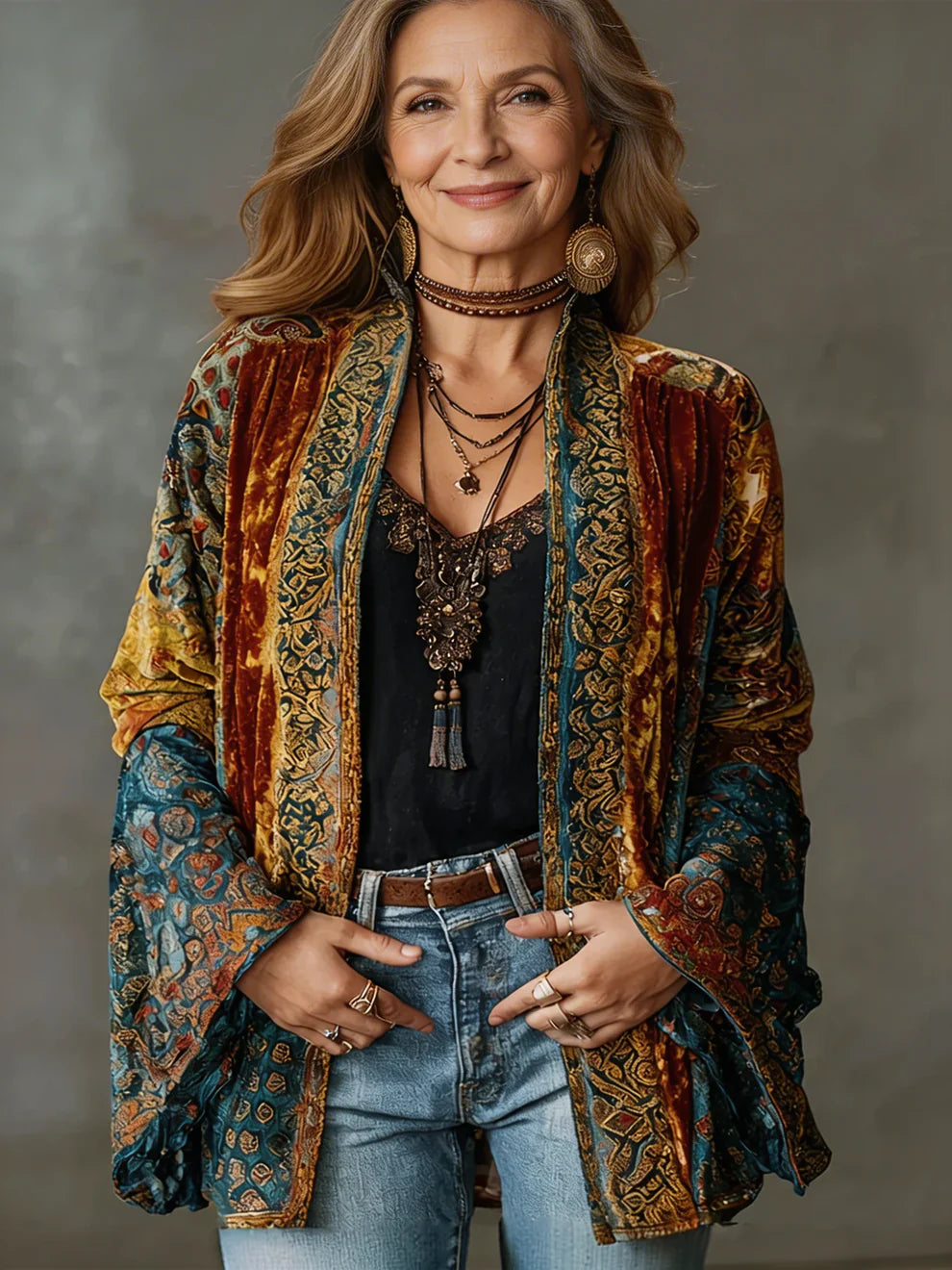 Marjane - Chaqueta de Terciopelo Ligera Estilo Kimono Boho