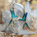 Pendientes Colgantes Colibrí Oro y Esmalte Azul