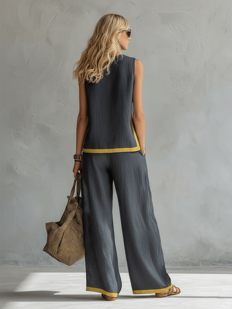 Conjunto Elegante de Dos Piezas: Chaleco y Pantalón de Algodón-Lino
