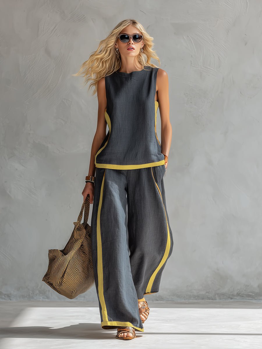 Conjunto Elegante de Dos Piezas: Chaleco y Pantalón de Algodón-Lino