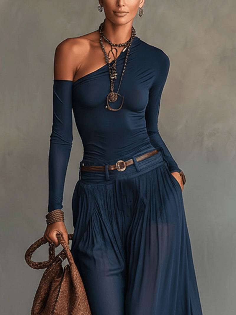 Conjunto de Dos Piezas Top Un Hombro Azul Marino y Falda de Tul Transparente (con Cinturón)