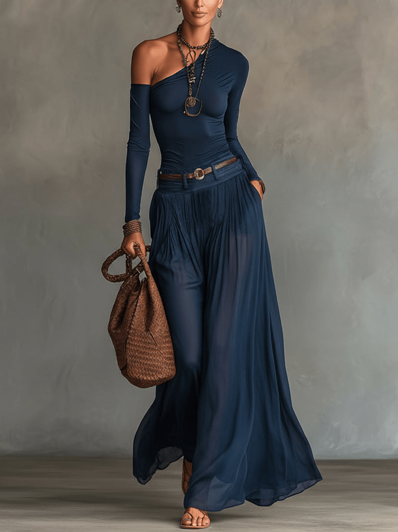 Conjunto de Dos Piezas Top Un Hombro Azul Marino y Falda de Tul Transparente (con Cinturón)