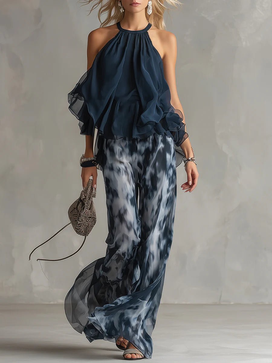 Conjunto Top Halter Azul Marino y Pantalón Ancho Estampado de Chifón