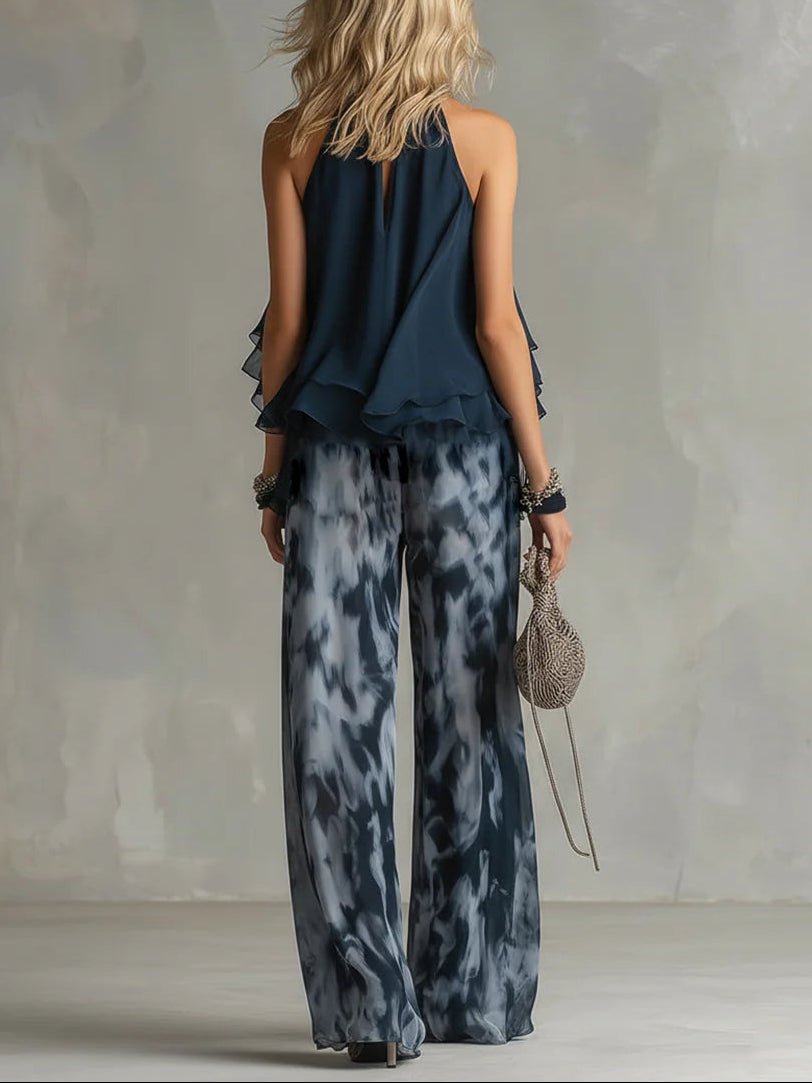 Conjunto Top Halter Azul Marino y Pantalón Ancho Estampado de Chifón