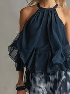 Conjunto Top Halter Azul Marino y Pantalón Ancho Estampado de Chifón