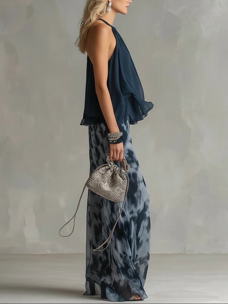 Conjunto Top Halter Azul Marino y Pantalón Ancho Estampado de Chifón