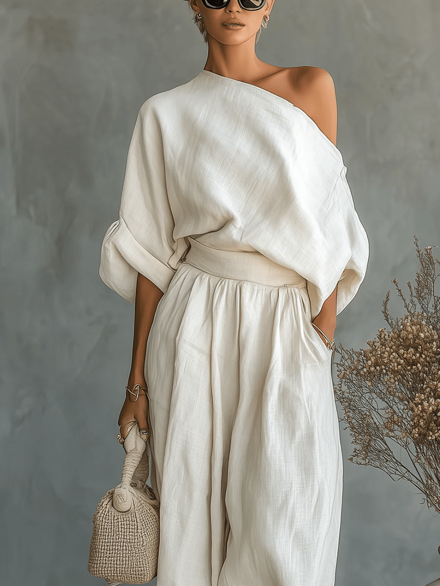 Conjunto Top Off-Shoulder Blanco Roto y Pantalón Slim-Fit