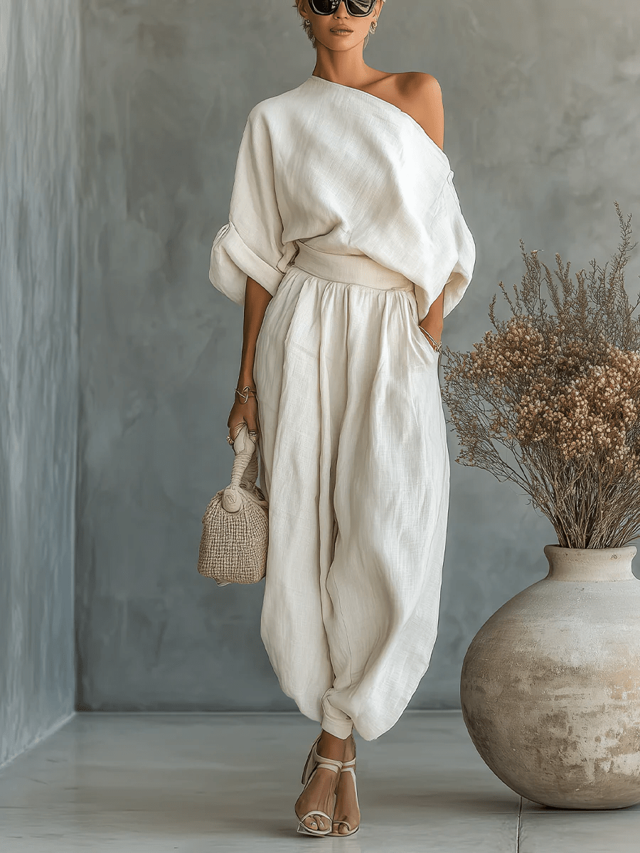 Conjunto Top Off-Shoulder Blanco Roto y Pantalón Slim-Fit