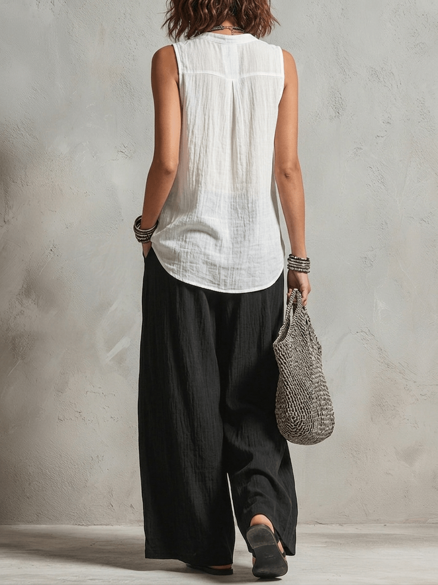 Conjunto de Tres Piezas Minimalista: Cárdigan, Top y Pantalón Ancho
