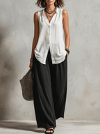 Conjunto de Tres Piezas Minimalista: Cárdigan, Top y Pantalón Ancho