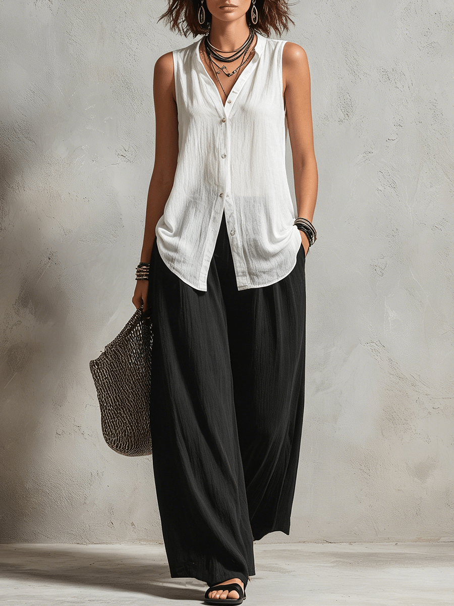 Conjunto de Tres Piezas Minimalista: Cárdigan, Top y Pantalón Ancho