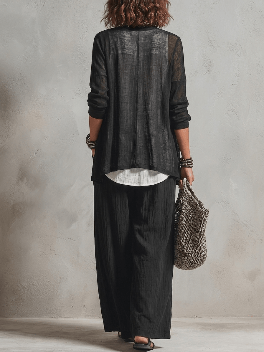 Conjunto de Tres Piezas Minimalista: Cárdigan, Top y Pantalón Ancho