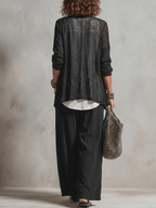 Conjunto de Tres Piezas Minimalista: Cárdigan, Top y Pantalón Ancho