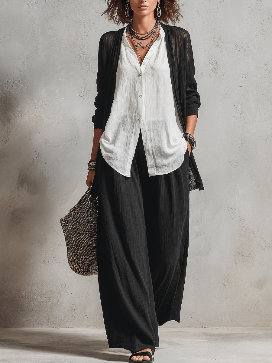 Conjunto de Tres Piezas Minimalista: Cárdigan, Top y Pantalón Ancho