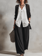 Conjunto de Tres Piezas Minimalista: Cárdigan, Top y Pantalón Ancho