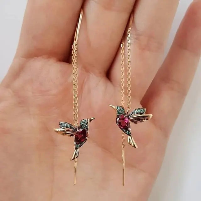 Pendientes Hilo Colibrí Oro y Cristales