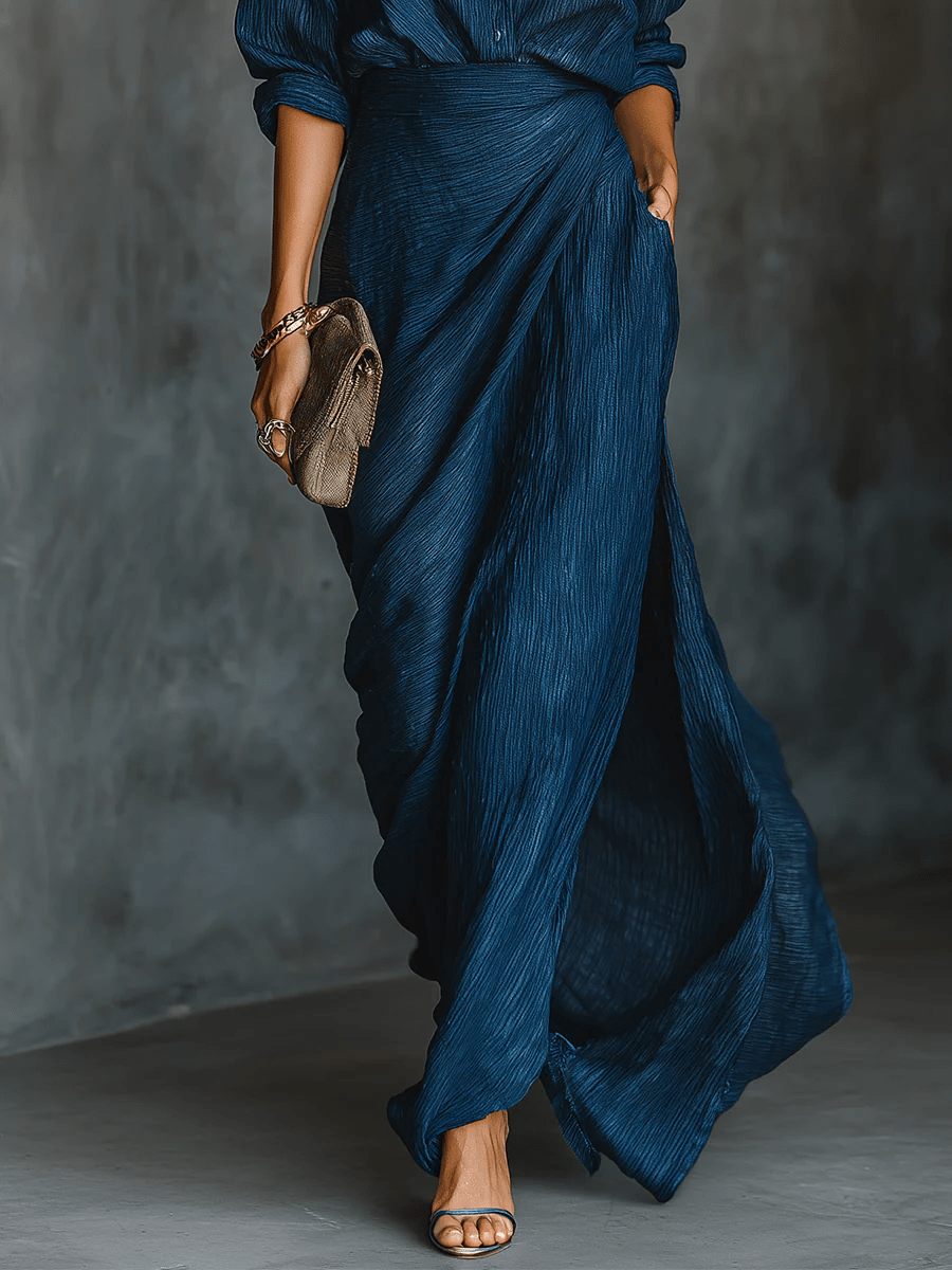 Vestido Maxi Azul Marino de Cuello V y Manga Larga