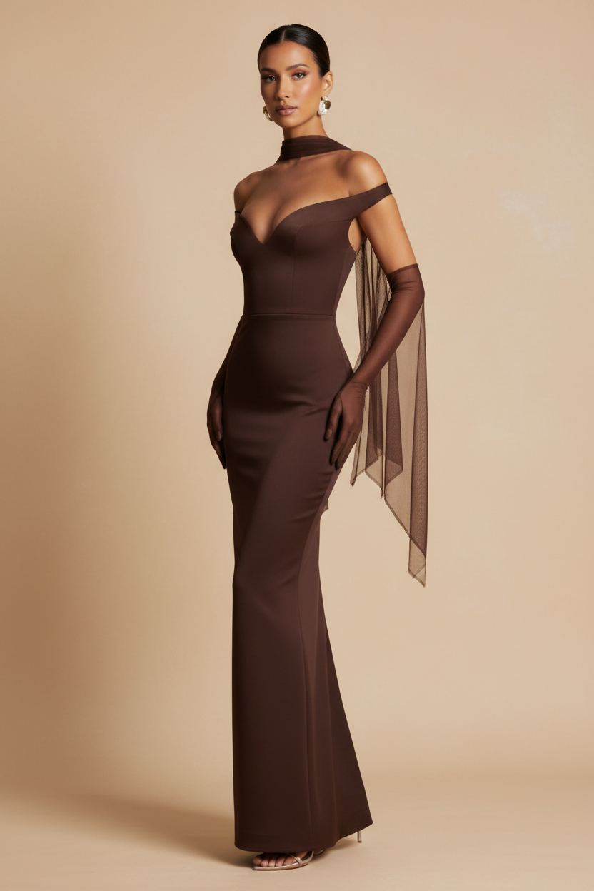 Serrano Madrid | Vestido Maxi Off Shoulder Efecto Silueta Chocolate