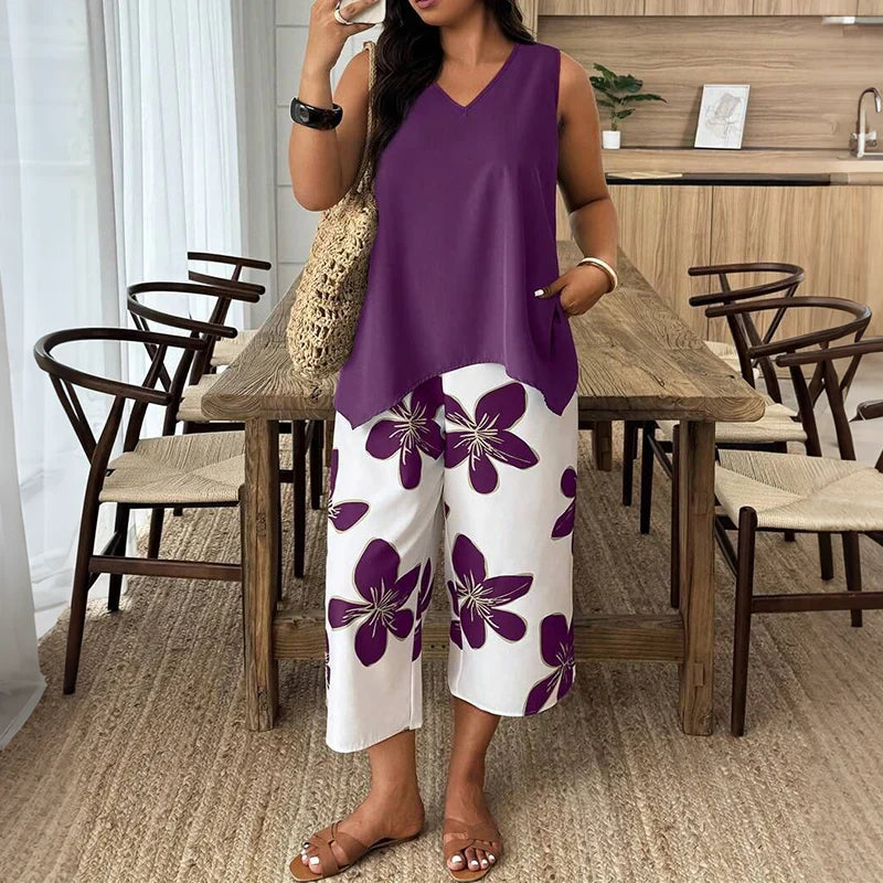 Anahit - Conjunto Amplio Top Asimétrico y Pantalón Capri Floral