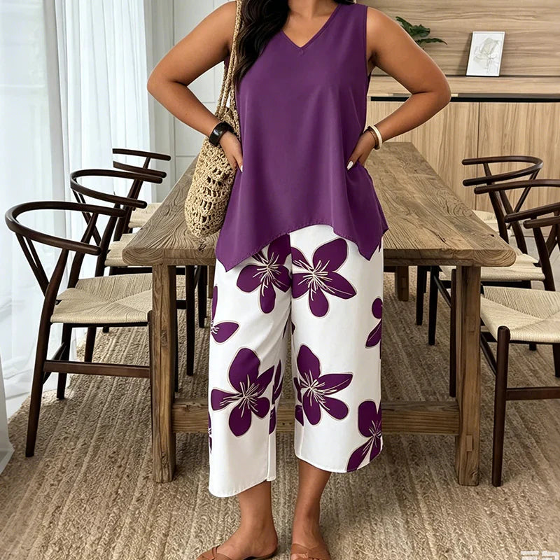 Anahit - Conjunto Amplio Top Asimétrico y Pantalón Capri Floral
