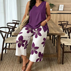 Anahit - Conjunto Amplio Top Asimétrico y Pantalón Capri Floral