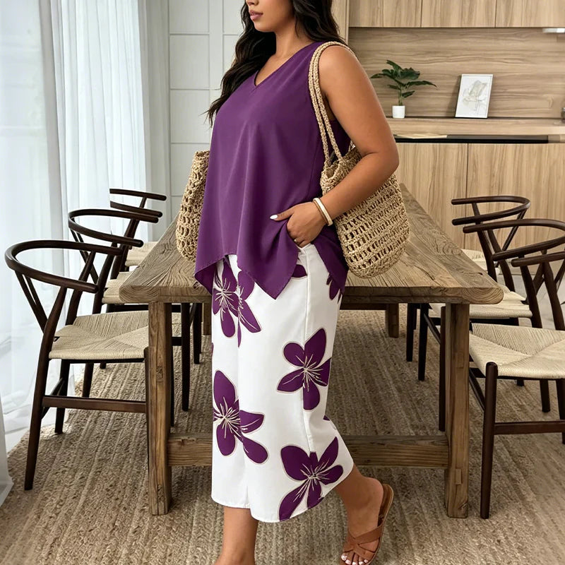Anahit - Conjunto Amplio Top Asimétrico y Pantalón Capri Floral