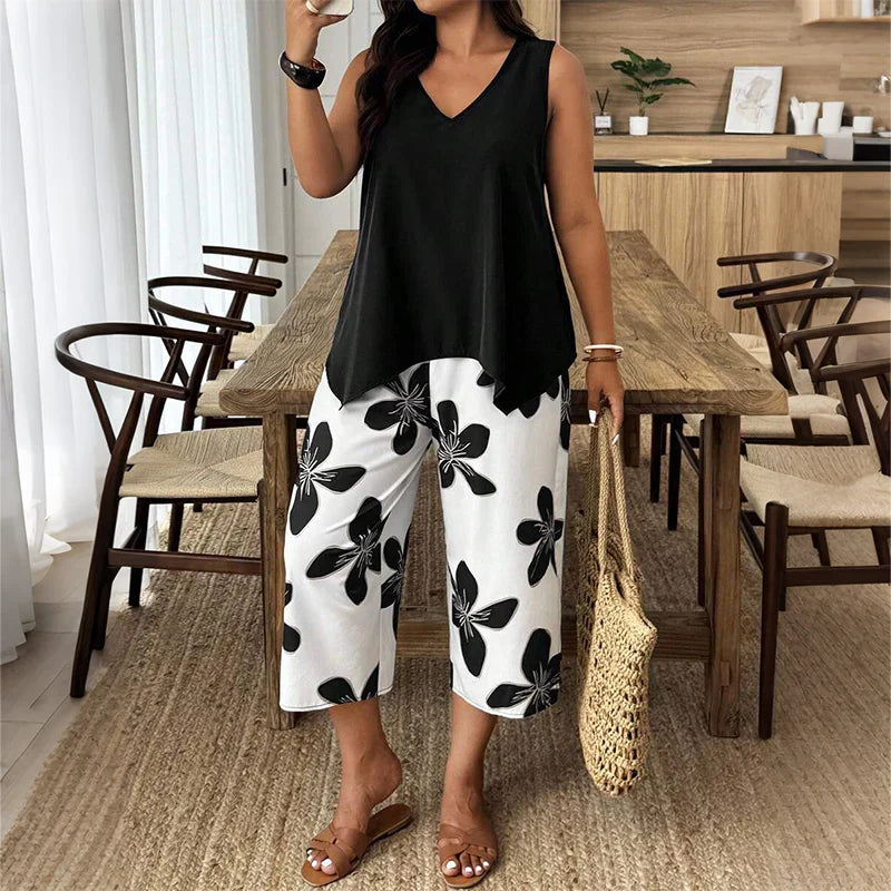 Anahit - Conjunto Amplio Top Asimétrico y Pantalón Capri Floral