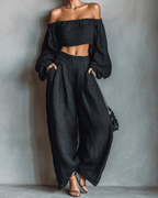 Conjunto Top Cuello Recto Negro y Pantalón Ancho