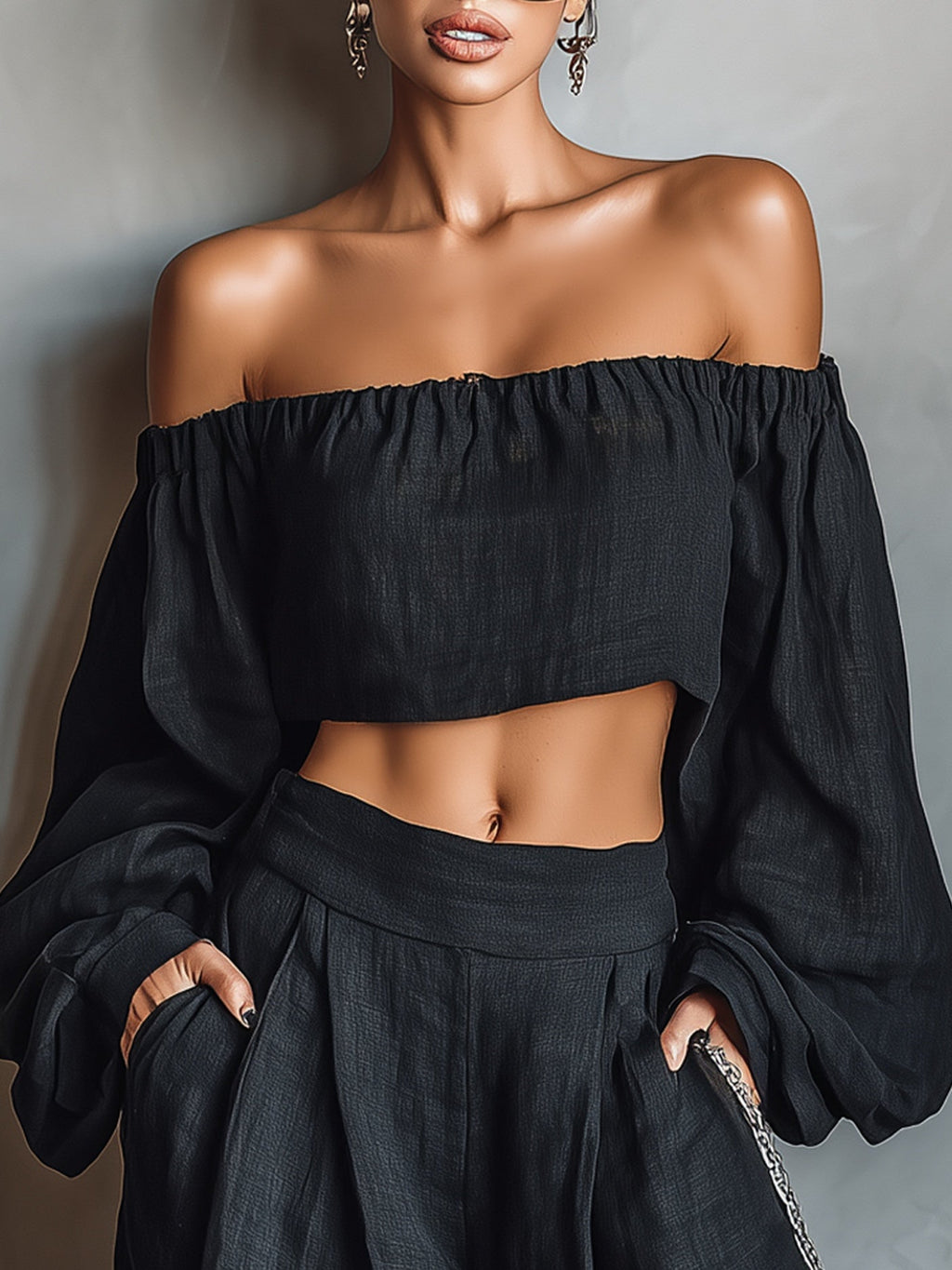 Conjunto Top Cuello Recto Negro y Pantalón Ancho