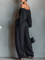 Conjunto Top Cuello Recto Negro y Pantalón Ancho