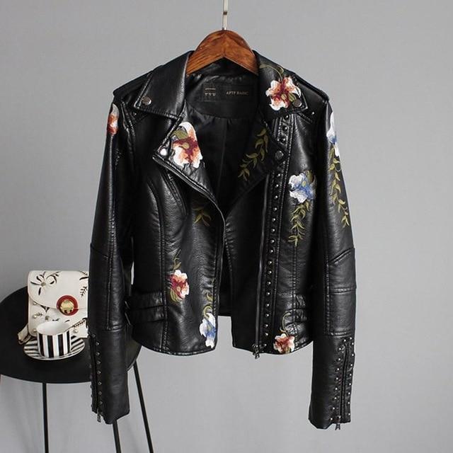 Azelina - Chaqueta de Cuero con Bordado de Flores